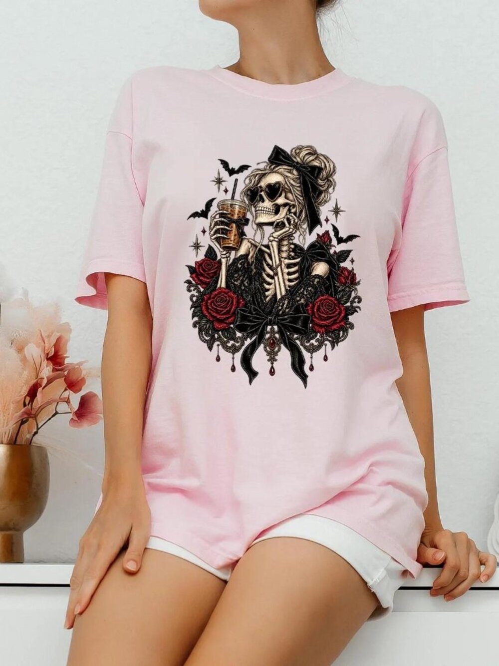 Gothic Skeleton Shirt, Coquette Halloween Tee, Skeleton Coffee Shirt